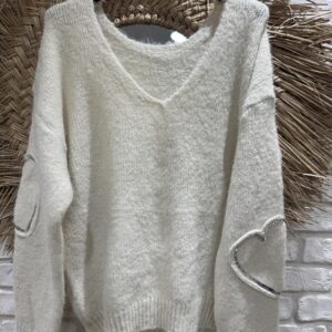 Pull écru col V manche cœur TU 36/40