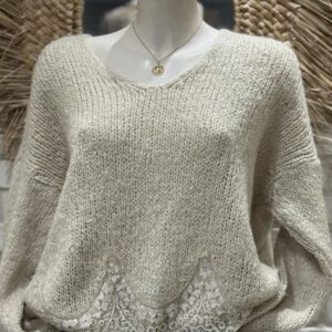 Pull oversize dentelle col V écru TU 36/42