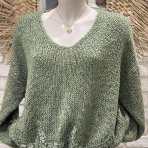 Pull oversize dentelle col V  kaki TU 36/42