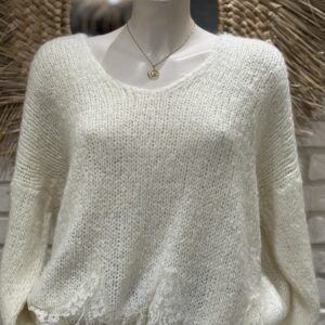 Pull oversize dentelle col V blanc TU 36/42
